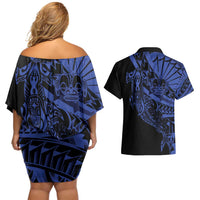 Blue Marquesas Islands Couples Matching Off Shoulder Short Dress and Hawaiian Shirt Marquesan Matatiki Hammerhead Shark Patutiki - Polynesian Pride