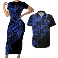 Blue Marquesas Islands Couples Matching Short Sleeve Bodycon Dress and Hawaiian Shirt Marquesan Matatiki Hammerhead Shark Patutiki - Polynesian Pride