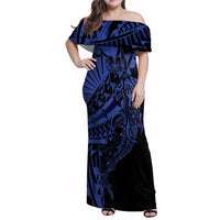 Blue Marquesas Islands Family Matching Off Shoulder Maxi Dress and Hawaiian Shirt Marquesan Matatiki Hammerhead Shark Patutiki - Polynesian Pride