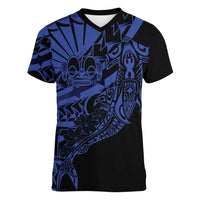 Blue Marquesas Islands Women V-Neck T-Shirt Marquesan Matatiki Hammerhead Shark Patutiki - Polynesian Pride