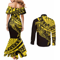 Yellow Marquesas Islands Couples Matching Mermaid Dress and Long Sleeve Button Shirt Marquesan Matatiki Hammerhead Shark Patutiki - Polynesian Pride