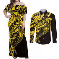 Yellow Marquesas Islands Couples Matching Off Shoulder Maxi Dress and Long Sleeve Button Shirt Marquesan Matatiki Hammerhead Shark Patutiki - Polynesian Pride