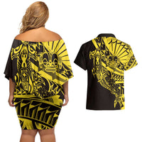 Yellow Marquesas Islands Couples Matching Off Shoulder Short Dress and Hawaiian Shirt Marquesan Matatiki Hammerhead Shark Patutiki - Polynesian Pride