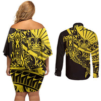 Yellow Marquesas Islands Couples Matching Off Shoulder Short Dress and Long Sleeve Button Shirt Marquesan Matatiki Hammerhead Shark Patutiki - Polynesian Pride