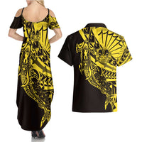 Yellow Marquesas Islands Couples Matching Summer Maxi Dress and Hawaiian Shirt Marquesan Matatiki Hammerhead Shark Patutiki - Polynesian Pride