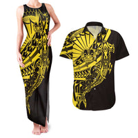 Yellow Marquesas Islands Couples Matching Tank Maxi Dress and Hawaiian Shirt Marquesan Matatiki Hammerhead Shark Patutiki - Polynesian Pride