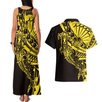 Yellow Marquesas Islands Couples Matching Tank Maxi Dress and Hawaiian Shirt Marquesan Matatiki Hammerhead Shark Patutiki - Polynesian Pride