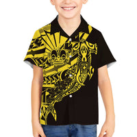 Yellow Marquesas Islands Family Matching Off The Shoulder Long Sleeve Dress and Hawaiian Shirt Marquesan Matatiki Hammerhead Shark Patutiki - Polynesian Pride