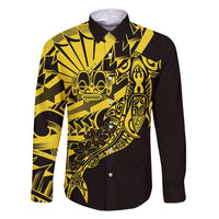 Yellow Marquesas Islands Family Matching Off Shoulder Short Dress and Hawaiian Shirt Marquesan Matatiki Hammerhead Shark Patutiki - Polynesian Pride