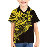 Yellow Marquesas Islands Family Matching Off Shoulder Short Dress and Hawaiian Shirt Marquesan Matatiki Hammerhead Shark Patutiki - Polynesian Pride