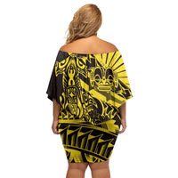 Yellow Marquesas Islands Off Shoulder Short Dress Marquesan Matatiki Hammerhead Shark Patutiki - Polynesian Pride