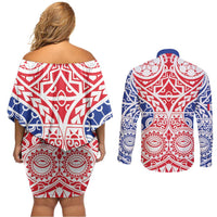 Austral Islands Couples Matching Off Shoulder Short Dress and Long Sleeve Button Shirt Tuhaa Pae Penu Stars Necklace Red - Polynesian Pride