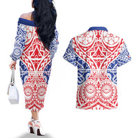 Austral Islands Couples Matching Off The Shoulder Long Sleeve Dress and Hawaiian Shirt Tuhaa Pae Penu Stars Necklace Red LT14 - Polynesian Pride