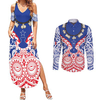 Austral Islands Couples Matching Summer Maxi Dress and Long Sleeve Button Shirt Tuhaa Pae Penu Stars Necklace Red - Polynesian Pride