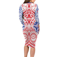 Austral Islands Long Sleeve Bodycon Dress Tuhaa Pae Penu Stars Necklace Red - Polynesian Pride