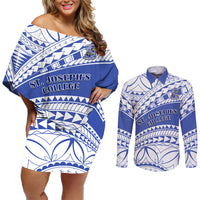 Personalised Samoa St Josephs College Couples Matching Off Shoulder Short Dress and Long Sleeve Button Shirt Marist Brothers Samoan Pattern LT14 Blue - Polynesian Pride