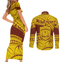 Personalised Samoa College Couples Matching Short Sleeve Bodycon Dress and Long Sleeve Button Shirt Samoan Pattern LT14 - Polynesian Pride