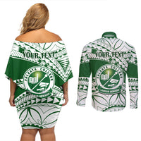 Personalised Samoa Faleata College Couples Matching Off Shoulder Short Dress and Long Sleeve Button Shirt Samoan Pattern LT14 - Polynesian Pride