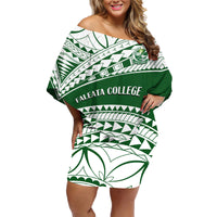 Personalised Samoa Faleata College Family Matching Off Shoulder Short Dress and Hawaiian Shirt Samoan Pattern LT14 Mom's Dress Green - Polynesian Pride