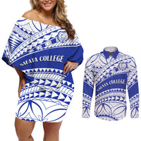 Personalised Samoa Safata College Couples Matching Off Shoulder Short Dress and Long Sleeve Button Shirt Samoan Pattern LT14 Blue - Polynesian Pride
