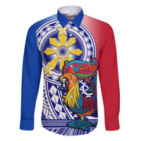 Personalised Philippines Family Matching Off Shoulder Long Sleeve Dress and Hawaiian Shirt Filipino Sarimanok With Polynesian Tattoo LT14 Dad's Shirt - Long Sleeve Blue - Polynesian Pride