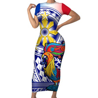 Personalised Philippines Family Matching Short Sleeve Bodycon Dress and Hawaiian Shirt Filipino Sarimanok With Polynesian Tattoo LT14 Mom's Dress Blue - Polynesian Pride