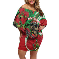 Mele Kalikimaka Hawaii Off Shoulder Short Dress Mongoose Santa With Ohia Lehua LT14 Women Red - Polynesian Pride