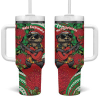 Mele Kalikimaka Hawaii Tumbler With Handle Mongoose Santa With Ohia Lehua
