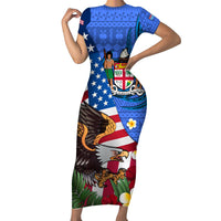 United States And Fiji Family Matching Short Sleeve Bodycon Dress and Hawaiian Shirt USA Flag Eagle Mix Fijian Coat Of Arms Tapa Pattern LT14 Mom's Dress Blue - Polynesian Pride