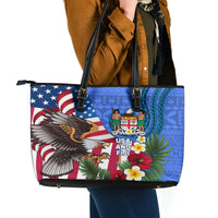 United States And Fiji Leather Tote Bag USA Flag Eagle Mix Fijian Coat Of Arms Tapa Pattern LT14 - Polynesian Pride