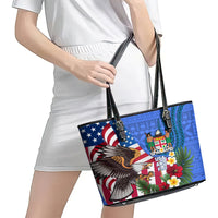 United States And Fiji Leather Tote Bag USA Flag Eagle Mix Fijian Coat Of Arms Tapa Pattern LT14 - Polynesian Pride