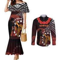 Cook Islands ANZAC Day Couples Matching Mermaid Dress and Long Sleeve Button Shirt Poppies With Sea Turtle LT14 Red - Polynesian Pride