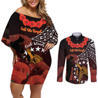 Cook Islands ANZAC Day Couples Matching Off Shoulder Short Dress and Long Sleeve Button Shirt Poppies With Sea Turtle LT14 Red - Polynesian Pride