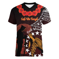 Cook Islands ANZAC Day Women V Neck T Shirt Poppies With Sea Turtle LT14 Female Red - Polynesian Pride