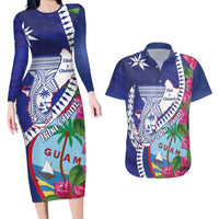 Biba Guam Liberation Day Couples Matching Long Sleeve Bodycon Dress and Hawaiian Shirt Tano y Chamoru Latte Stone Blue