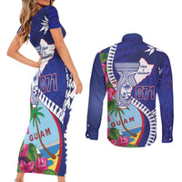 Biba Guam Liberation Day Couples Matching Short Sleeve Bodycon Dress and Long Sleeve Button Shirt Tano y Chamoru Latte Stone Blue