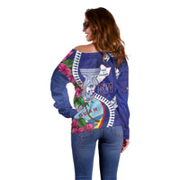Biba Guam Liberation Day Off Shoulder Sweater Tano y Chamoru Latte Stone Blue