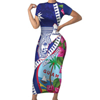 Biba Guam Liberation Day Short Sleeve Bodycon Dress Tano y Chamoru Latte Stone Blue