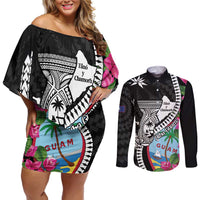 Biba Guam Liberation Day Couples Matching Off Shoulder Short Dress and Long Sleeve Button Shirt Tano y Chamoru Latte Stone Black