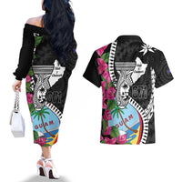 Biba Guam Liberation Day Couples Matching Off The Shoulder Long Sleeve Dress and Hawaiian Shirt Tano y Chamoru Latte Stone Black