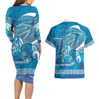 Kuri Dog Waka New Zealand Matariki Couples Matching Long Sleeve Bodycon Dress and Hawaiian Shirt Ocean Sharks Maori Tattoo