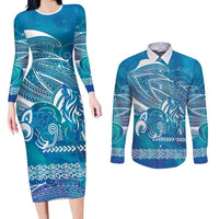 Kuri Dog Waka New Zealand Matariki Couples Matching Long Sleeve Bodycon Dress and Long Sleeve Button Shirt Ocean Sharks Maori Tattoo