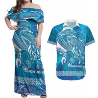 Kuri Dog Waka New Zealand Matariki Couples Matching Off Shoulder Maxi Dress and Hawaiian Shirt Ocean Sharks Maori Tattoo