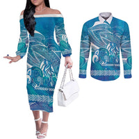 Kuri Dog Waka New Zealand Matariki Couples Matching Off The Shoulder Long Sleeve Dress and Long Sleeve Button Shirt Ocean Sharks Maori Tattoo