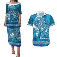 Kuri Dog Waka New Zealand Matariki Couples Matching Puletasi and Hawaiian Shirt Ocean Sharks Maori Tattoo