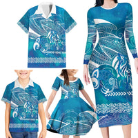 Kuri Dog Waka New Zealand Matariki Family Matching Long Sleeve Bodycon Dress and Hawaiian Shirt Ocean Sharks Maori Tattoo