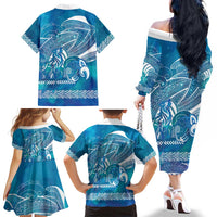 Kuri Dog Waka New Zealand Matariki Family Matching Off The Shoulder Long Sleeve Dress and Hawaiian Shirt Ocean Sharks Maori Tattoo