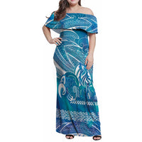 Kuri Dog Waka New Zealand Matariki Family Matching Off Shoulder Maxi Dress and Hawaiian Shirt Ocean Sharks Maori Tattoo