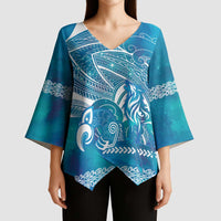 Kuri Dog Waka New Zealand Matariki Kimono Sleeve Blouse Ocean Sharks Maori Tattoo