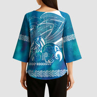 Kuri Dog Waka New Zealand Matariki Kimono Sleeve Blouse Ocean Sharks Maori Tattoo